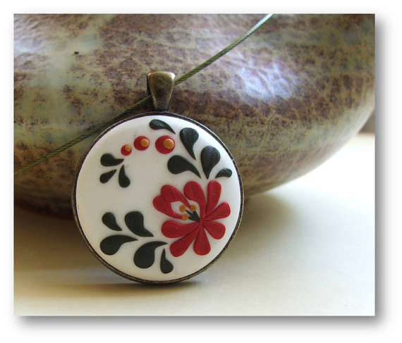 Flower jewelry- Hungarian embroidery pattern, polymer clay jewelry- red flower pendant- red and white pendant