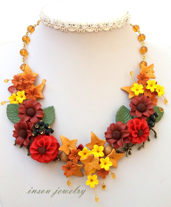 Flower Necklace, Autumn Necklace, Romantic Necklace, Statement Necklace, Floral Necklace, Fall Necklace, Floral Jewelry, Gift For Her, polymer clay jewelry , fimo jewelry