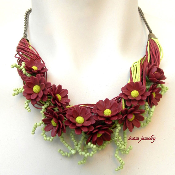 Flower Necklace Dark Red Necklace Flower Jewelry Dark Red Jewelry Statement Necklace Chrysanthemum Green Jewelry Gift For Her Bordeaux, polymer clay necklace, fimo jewelry