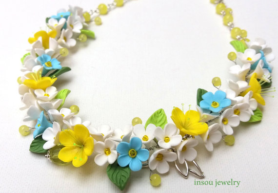 Flower Necklace, Spring Jewelry, Statement Necklace, Flower Jewelry, Romantic Necklace, Handmade Necklace, Gift For Her, Wedding Jewelry, Polymer clay, Fimo
