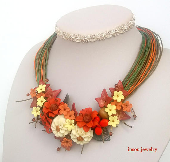 Flower Necklace, Statement Necklace, Floral Necklace, Bib Necklace, Floral Fashion, Flower Jewelry, Women Gift, Mother Gift,Fashion Necklace, polymer clay, fimo