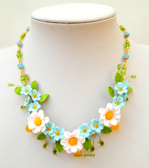 Flower Necklace, Wedding Necklace, Forget Me Not, Daisy Jewelry, Statement Necklace, Flower Jewelry, Romantic Necklace, Handmade Necklace