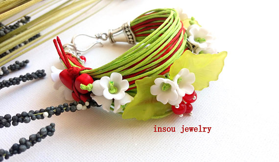 Green Bracelet, Flower Bracelet, Charm Bracelet, Green Red, Wrap Bracelet, Handmade Bracelet, Boho Bracelet, Spring Jewelry, Women Gift, polymer clay, fimo