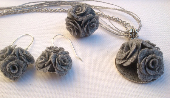 Grey jewelry - Handmade roses - Flower Necklace, earrings, ring - polymer clay - fimo