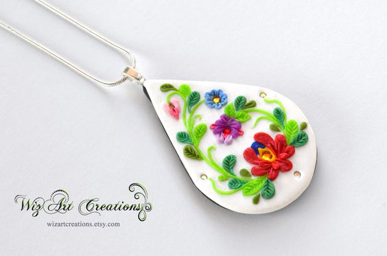 Polymer clay folk pendant necklace fimo clay porcelain