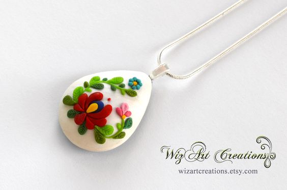 Handmade polymer clay folk pendant inspired by the Hungarian Kalocsai Embroidery, clay applique necklace