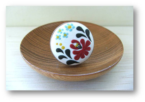 Hungarian folk motif jewelry - polymer clay jewelry - Kalocsai motif ring- white, red, green, yellow, blue ring