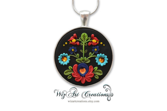 Polymer clay folk pendant necklace fimo clay porcelain