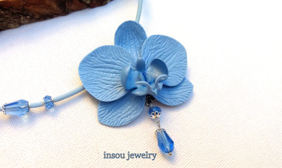 Light Blue Necklace, Orchid Necklace, Statement Necklace, Flower Necklace, Blue Jewelry, Floral Necklace, Wedding Jewelry, Women Gift, polymer clay, fimo