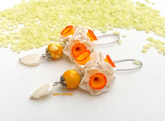 Narcissus Flower Earrings Dangle Earrings Flower Jewelry White Yellow Spring Jewelry Polymer Jewelry Handmade Earrings Gift For Her Floral polymer clay fimo