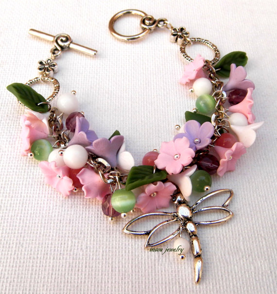 Pastel Bracelet Flower Bracelet Romantic Bracelet Statement Bracelet Sakura Cherry Blossom Forget Me Not Gift For Her Wedding Jewelry polymer clay jewelry fimo