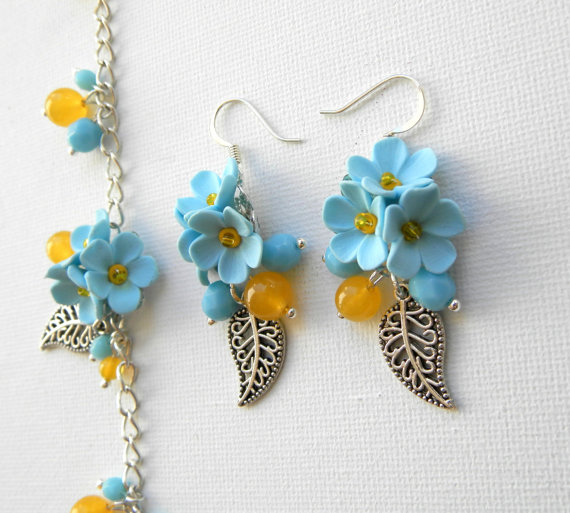 Pastel Jewelry, Spring Jewelry, Flower Jewelry, Light Blue Jewelry, Forget Me Not, Flower Earrings, Flower Bracelet, Gift For Her, Floral, polymer clay, fimo