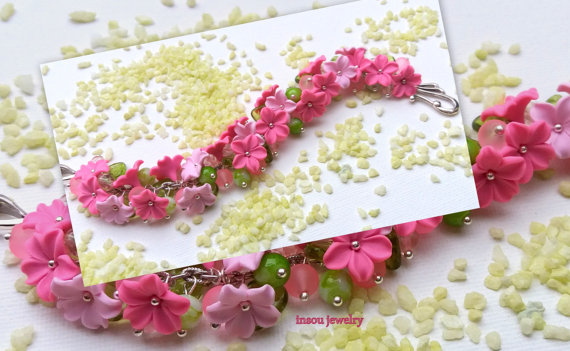 Pink Bracelet, Flower Bracelet, Wedding Bracelet, Pink Flowers, Handmade Bracelet, Romantic Jewelry, Floral Bracelet, Pink Jewelry, Floral, polymer clay flower jewelry, fimo charm bracelet