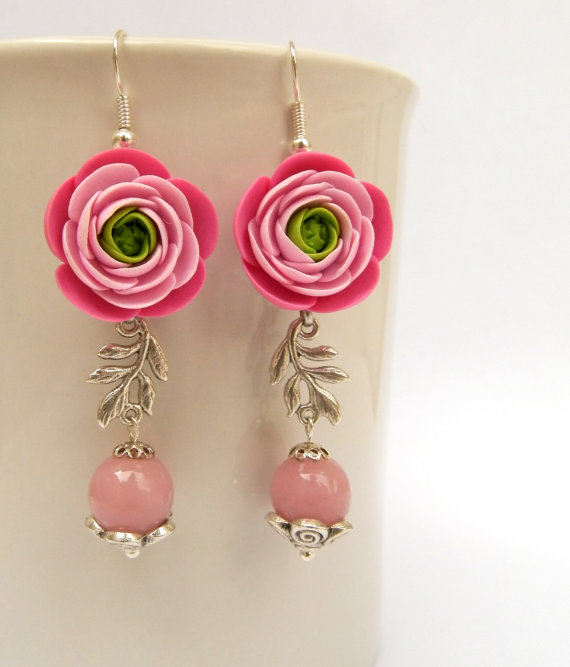 Pink Earrings Flower Earrings Roses Ombre Earrings Dangle Earrings Romantic Earrings Handmade Earrings Floral Jewelry Gift For Her Polymer Clay Fimo