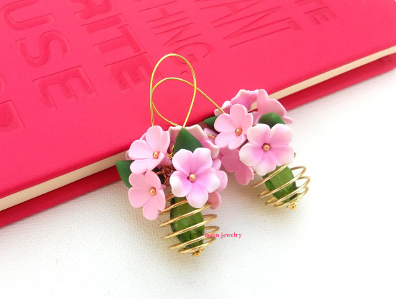 Pink Earrings Flower Earrings Sakura Forget me not Pink Flowers Romantic Earrings Wedding Jewelry Bride Earrings Handmade Earrings, polymer clay jewelry