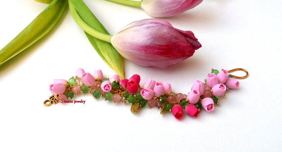 Pink Jewelry, Wedding Jewelry, Charm Bracelet, Tulip Bracelet, Pink Bracelet, Flower Bracelet, Pink Tulips, Handmade Bracelet, Gift For Her, polymer clay, fimo