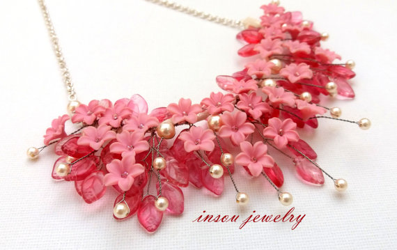 Pink Statement Necklace, Pink Bib Necklace, Flower Statement Necklace, Pink Wedding Jewelry, Leaf Necklace, Unique Necklaces For Women, polymer clay, fimo