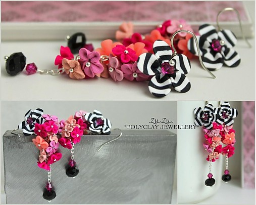 Polymer clay earrings white black streaks and a color explosion