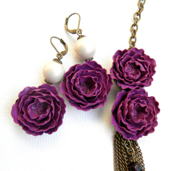 Polymer clay jewelery. Violet Jewelry Flower Jewelry Peony Jewelry Statement Necklace Violet Flower Earrings Pink Jewelry, Polymer Jewelry Gift For Her Flowers