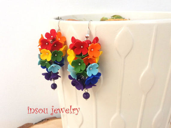 Rainbow Earrings Flower Earrings Dangle Earrings Ombre Earrings Rainbow Jewelry Gift For Her Statement Earrings, polymer clay, fimo