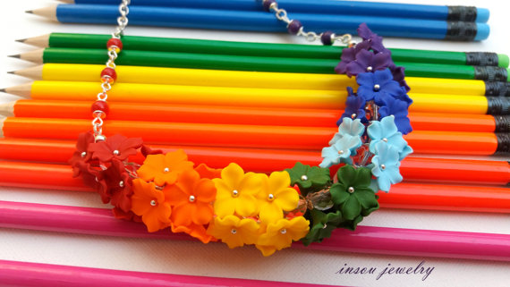 Rainbow Jewelry, Rainbow Necklace, Flower Necklace, Ombre Necklace, Gift For Her, Statement Necklace, Floral Jewelry, Handmade Necklace, polymer clay, fimo