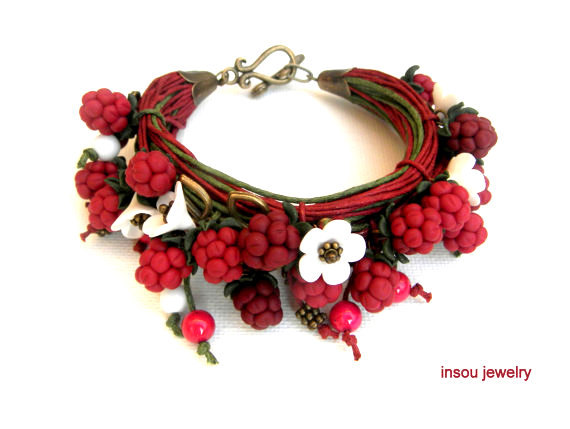 Red Bracelet,Handmade Bracelet,Wrap Bracelet,Boho Bracelet,Charm Bracelet,Spring Jewelry,Berry Jewelry,Gift For Her,Raspberry,Floral Fashion, Polymer clay, Fimo