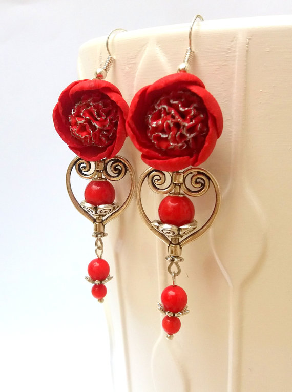 Red Earrings, Wedding Jewelry, Flower Earrings, Peony, Handmade Earrings, Red Flowers, Red Jewelry, Floral Jewelry, Gift For Her, Floral