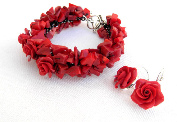 Red jewelry - Red rose - Coral bracelet -Red rose earrings - Handmade bracelet earrings jewelry set - polymer clay - fimo