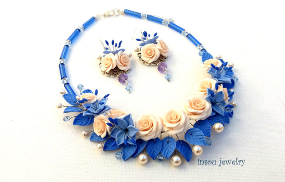 Rose Jewelry, Statement Necklace, Blue Jewelry, Wedding Jewelry, Pearl Jewelry Set, Romantic Jewelry, Flower Jewelry, Wedding Necklace