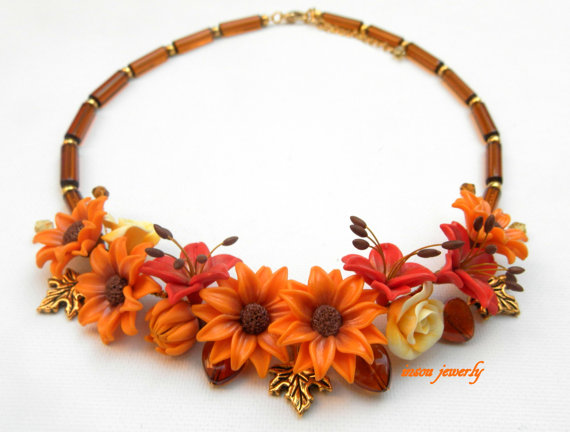 Spring Jewelry, Statement Necklace, Flower Necklace, Handmade Necklace, Orange Jewelry, Gift For Her, Spring Necklace, Lily, Floral Fashion, polymer clay, fimo