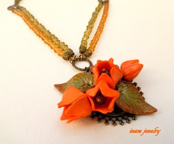 Spring Necklace, Flower Necklace, Statement Necklace, Orange Jewelry, Handmade Necklace, Physalis, Chinese Lanterns, Elegant Jewelry, Gift, polymer clay, fimo