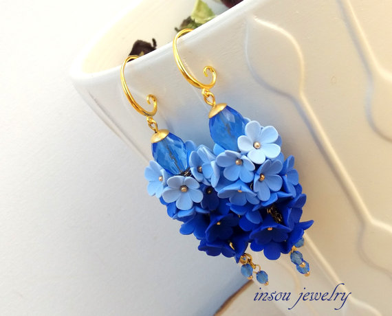 Statement Earrings, Blue Earrings, Ombre Earrings, Dangle Earrings, Flower Earrings, Elegant Earrings, Women Gift, Valentines Gift, Floral