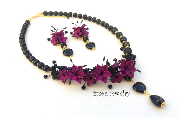 Statement Flower Necklace, Violet Jewelry, Black Jewelry, Violet Flower Jewelry, Elegant Jewelry Set, Lily Jewelry, Women Gift,Heart Jewelry, Polymer clay, Fimo