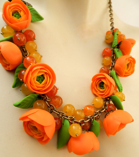 Statement Necklace, Spring Necklace, Floral Necklace, Roses, Orange Necklace, Flower Jewelry, Minimal Necklace, Orange Jewelry, Women Gift, Polymer clay, fimo