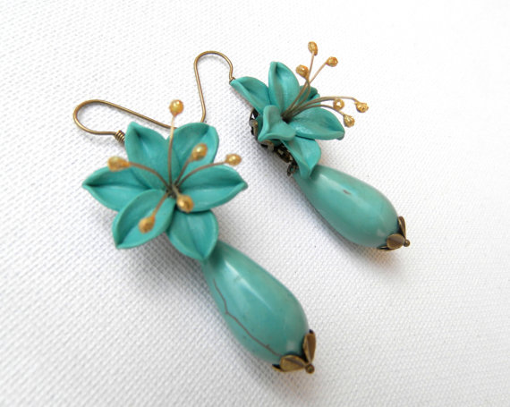 Turquoise Earrings Flower Earrings Dangle Earrings Romantic Jewelry Turquoise Jewelry Handmade Earrings Gift For Her Lily , polymer clay jewelry, fimo