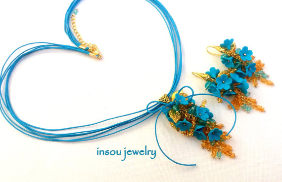 Turquoise Jewelry, Flower Jewelry, Forget Me Not, Turquoise Floral Earrings, Statement Flower Necklace, Turquoise Necklace, Women Gift, polymer clay, fimo