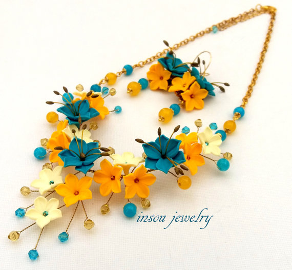 Turquoise Jewelry Flower Necklace Statement Necklace Handmade Necklace Flower Jewelry Polymer Jewelry Gift For Her Bridesmaid Gift Flowers