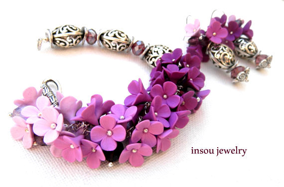 Violet Jewelry Set Ombre Jewelry Flower Jewelry Bracelet Earrings Romantic Jewelry Floral Jewelry Wedding Gift Statement Gift For Her Floral polymer clay fimo