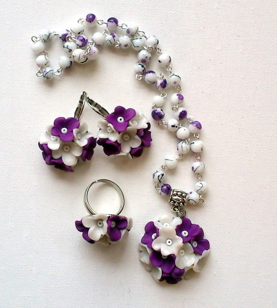 Violet jewellery set-Flower jewellery set-Earrings, pendant, ring set-Pearl and violet - polymer clay - fimo