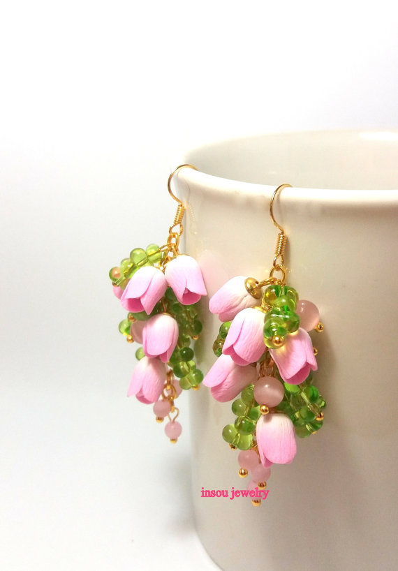Wedding Flower Earrings, Pink Earrings, Tulip Jewelry, Handmade Earrings, Spring Jewelry, Flowers, Pink Jewelry, Pink Tulips, polymer clay, fimo