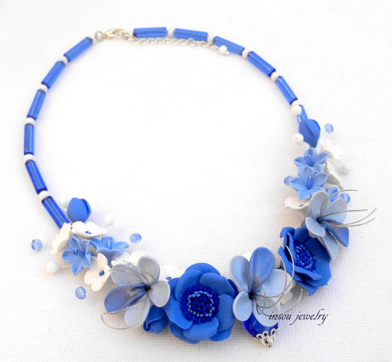 Wedding Necklace, Blue Necklace, Flower Necklace, Statement Necklace, Flower Jewelry, Anemone, Gift For Her, Wedding Jewelry, Flowers, polymer clay, fimo