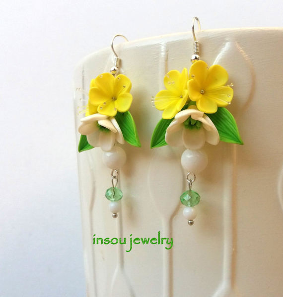 Yellow Earrings, Flower Earrings, Dangle Earrings, Romantic Earrings, Spring Earrings, Yellow Green, Floral Jewelry, Gift For Women, Wedding, polymer clay, fimo