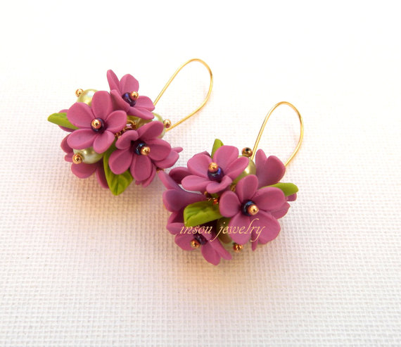 polymer clay Flower Dangle Earrings, Spring Earrings, Handmade Earrings, Flower Jewelry, Violet Earrings, Floral Fashion, Clay Flowers, Gift For Her