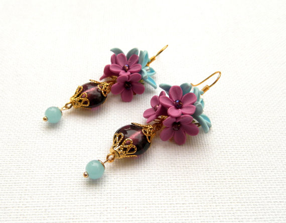 polymer clay Flower Earrings, Dangle Earrings, Forget Me Not, Lampwork Earrings, Handmade Earrings, Statement Earrings, Floral Fashion, Gift For Her