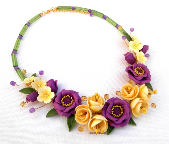 polymer clay flower jewelry, fimo necklace, Wedding Necklace, Handmade Necklace, Statement Necklace, Violet Jewelry, Yellow Jewelry, Windflower, Gift For Her, Floral