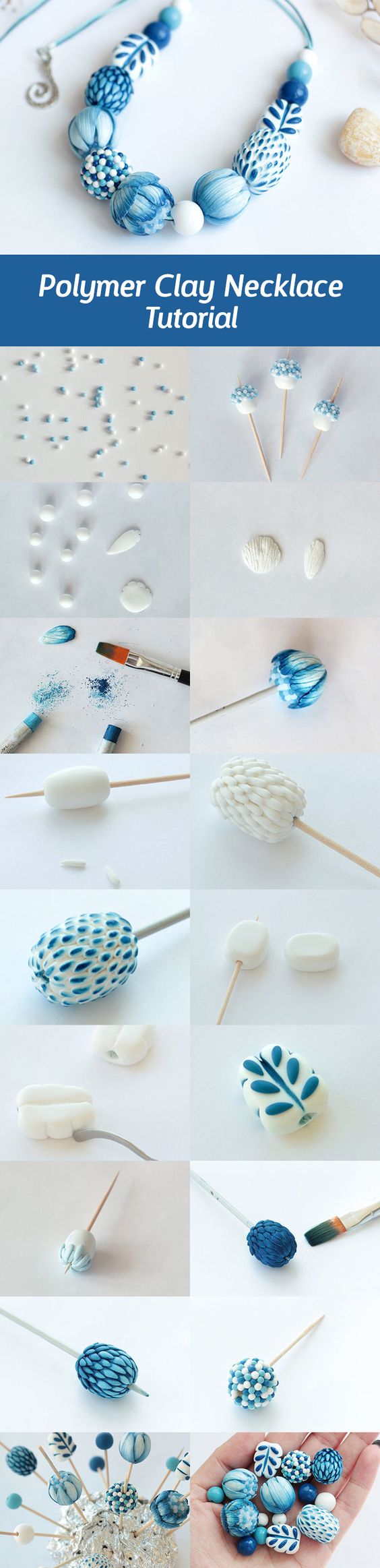 polymer clay white and blue necklace DIY tutorial - step by step fimo
