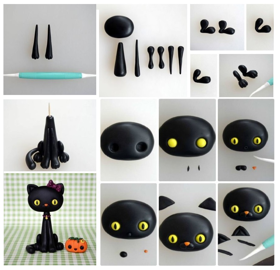 Polymer clay Halloween black cat tutorial - handmade decoration DIY step by step