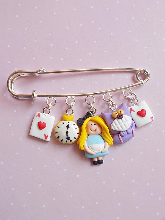 Alice Pin - Book Lover Pin - White Rabbit Pin - Alice Jewelry - Christmas Gift - Polymer clay safety pin brooches