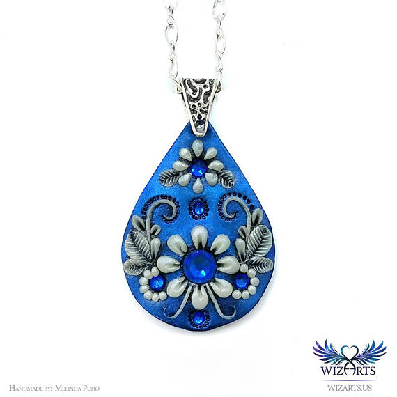 Blue Glow In The Dark Pendant, Handmade Polymer Clay Jewelry, Clay Applique, Clay Embroidery, 'Icy Touch' Wearable Art