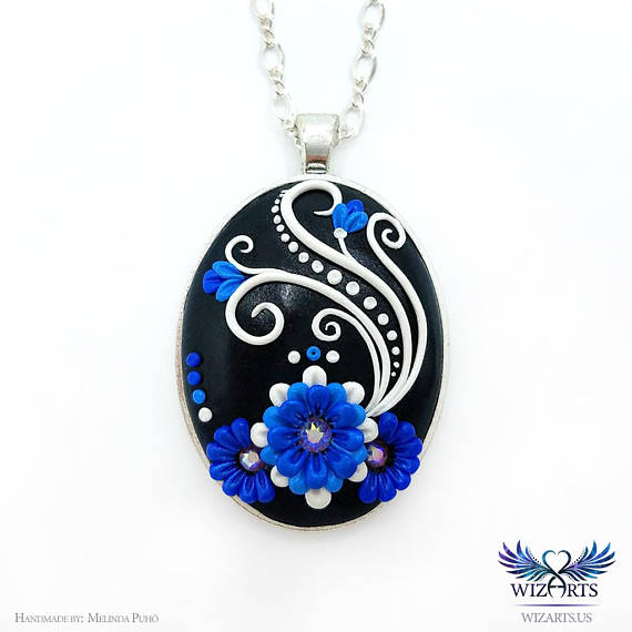 Blue, White and Black Handmade Polymer Clay Pendant with Swarovski Crystals, 30x40mm Cabochon, Applique Floral Jewelry, ART you can wear!